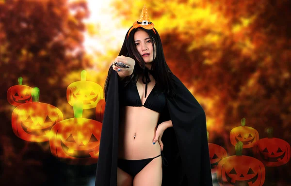 Sexy Vrouw Heks Zwarte Bikini Halloween Achtergrond — Stockfoto