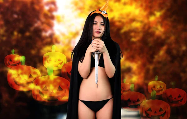 Sexy Mulher Bruxa Preto Biquíni Halloween Fundo — Fotografia de Stock