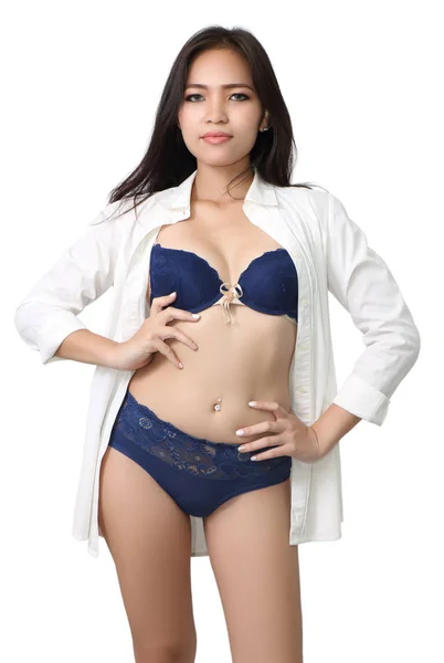Sexy Asian Woman Blue Bikini White Shirt White Background — Stock Photo, Image
