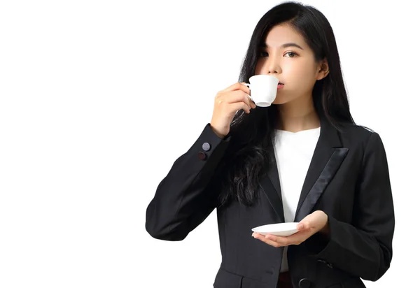 Young Business Woman Holding Coffee White Backgroun — Stock Photo, Image