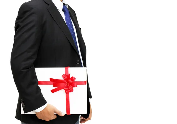 Businessman Holding Gift Box White Background — Stock Photo, Image