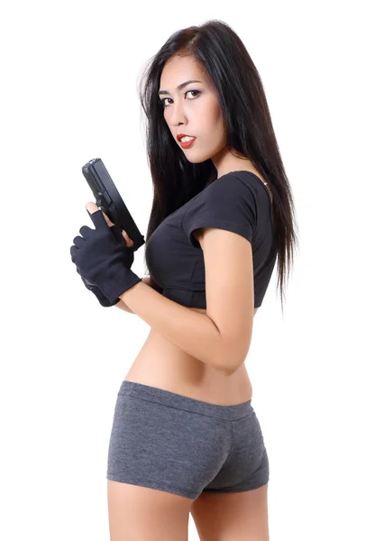 Mulher Asiática Roupas Pretas Curta Segurando Sua Arma — Fotografia de Stock