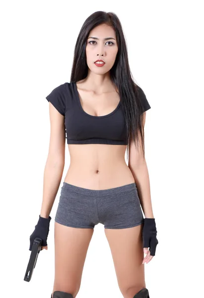 Asian Woman Black Clothes Short Holding Her Gun — Stock Photo, Image