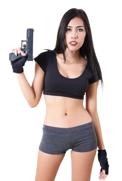 Asiatische Frau Schwarzen Kleidern Und Kurz Halten Ihre Waffe — Stockfoto
