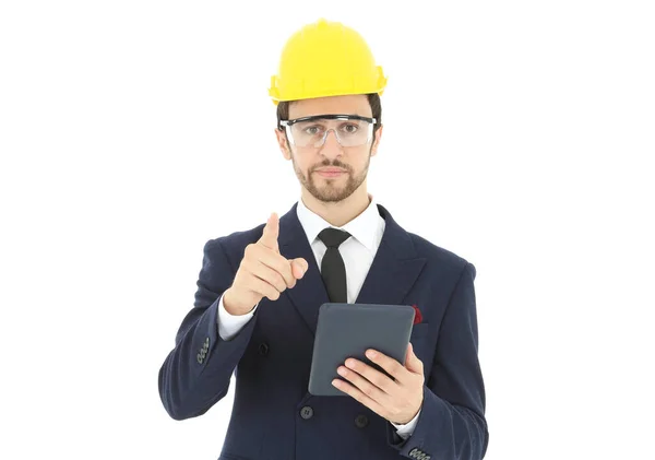 Businessman Engineer Wearing Yellow Helmet White Background — Stock Photo, Image