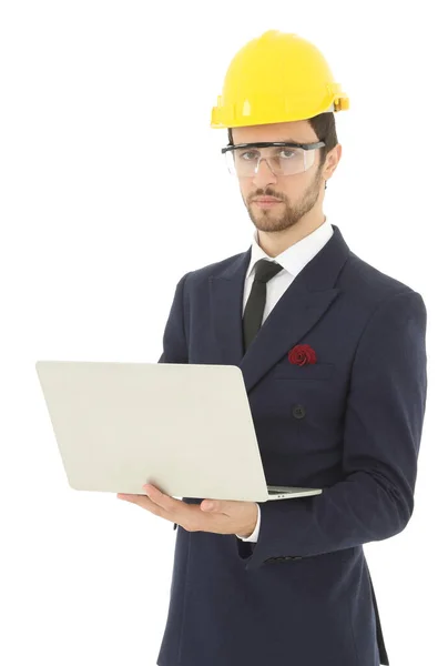 白い背景に黄色いヘルメットをかぶった実業家のエンジニア — ストック写真