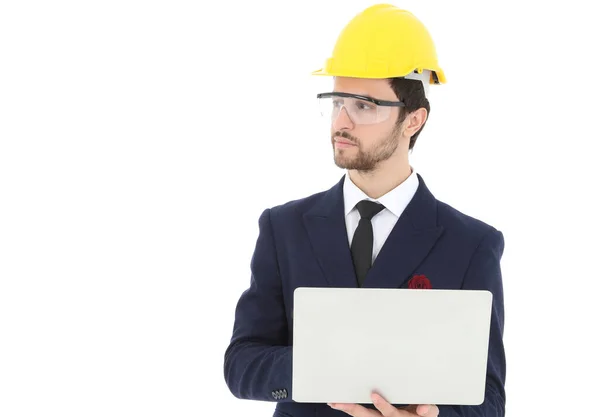 Ingeniero Hombre Negocios Con Casco Amarillo Sobre Fondo Blanco —  Fotos de Stock