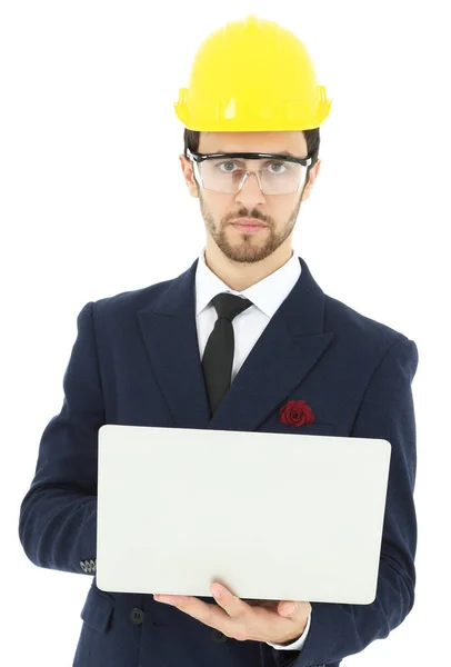 Ingeniero Hombre Negocios Con Casco Amarillo Sobre Fondo Blanco —  Fotos de Stock