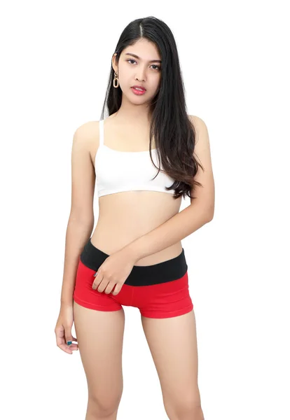 Ásia Mulher Sportwear Com Branco Esporte Sutiã Vermelho Curto Branco — Fotografia de Stock