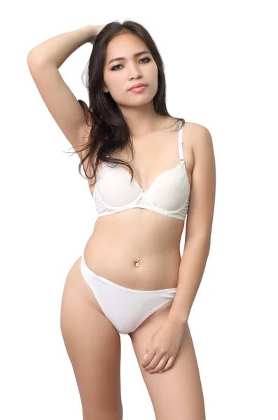 Bonito Asiático Mulher Modelo Vestindo Branco Biquíni Branco Fundo — Fotografia de Stock