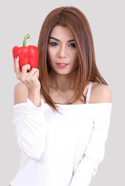 Beautiful Woman Holding Red Pepper Her Hand Grey Background — Stock Photo, Image