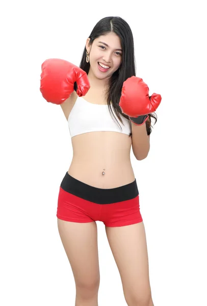 Asiatico Donna Sportwear Con Bianco Sport Reggiseno Rosso Breve Sfondo — Foto Stock