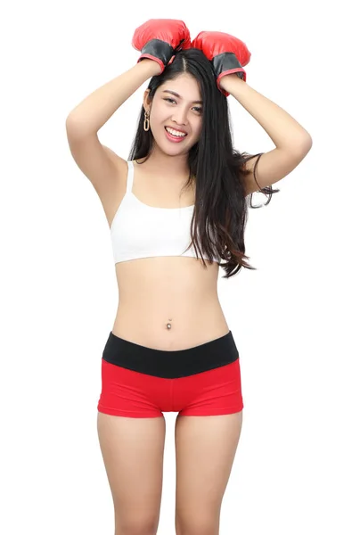 Mujer Asiática Ropa Deportiva Con Sujetador Deportivo Blanco Rojo Corto Imagen De Stock