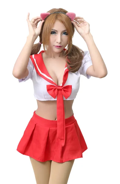 Joven Mujer Cosplay Japonés Estudiante Uniforme Blanco Fondo —  Fotos de Stock