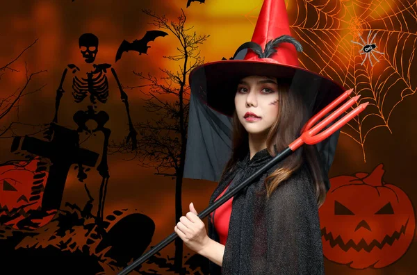 Žena Čarodějnice Halloween Noc Pozadí — Stock fotografie