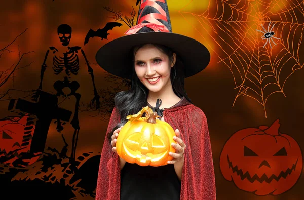 Mujer Bruja Halloween Noche Fondo —  Fotos de Stock