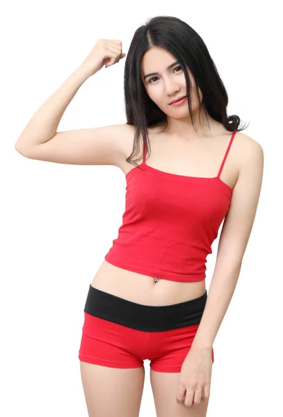 Hermosa Asiático Mujer Con Rojo Sportwear Blanco Fondo —  Fotos de Stock