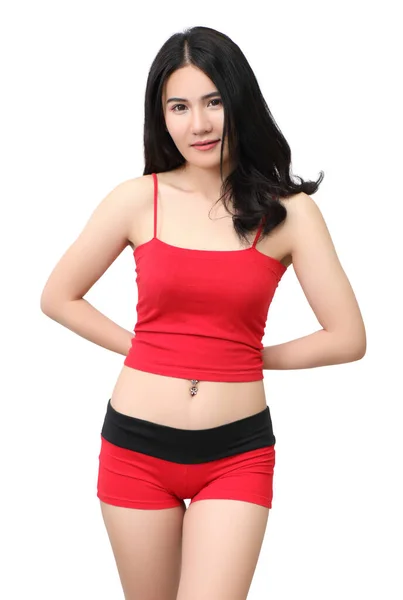 Schöne Asiatische Frau Mit Roter Sportbekleidung Auf Weißem Hintergrund — Stockfoto
