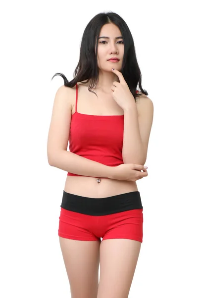 Bela Asiática Mulher Com Vermelho Sportwear Branco Fundo — Fotografia de Stock