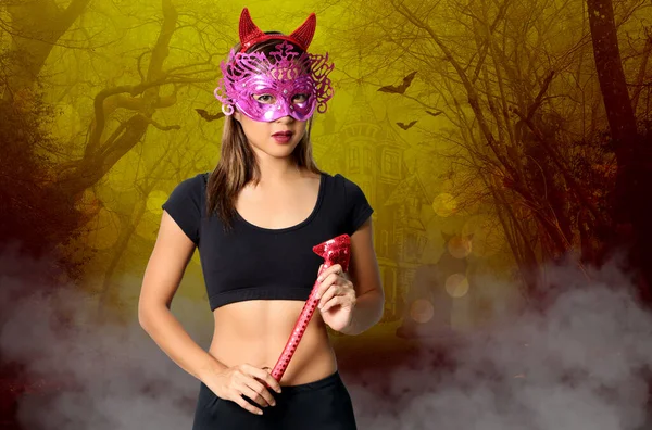 Ördög Fekete Ruhában Halloween Háttér — Stock Fotó