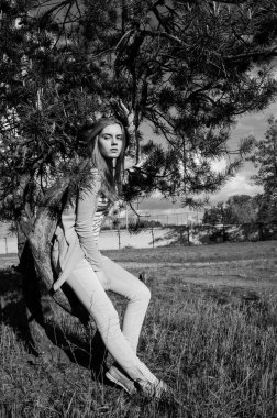 Ağaç üzerinde oturan ve kameraya poz güzel ve seksi modeli. Yana doğru seyir kız. Beyaz kot pantolon, crem ceket ve çizgili tişört giyen genç kadın. Açık. Tam vuruş. Siyah ve beyaz.