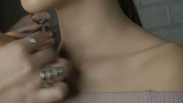 Visagistin Schminkt Ein Junges Mädchen Künstler Gleicht Hautton Auf Modell — Stockvideo
