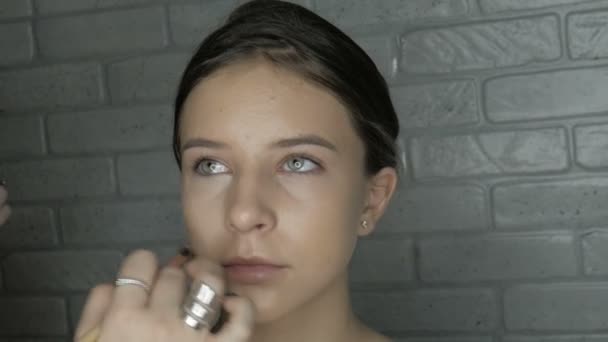 年轻的模型与自然之美准备化妆 艺术家化妆 皮肤护理 — 图库视频影像
