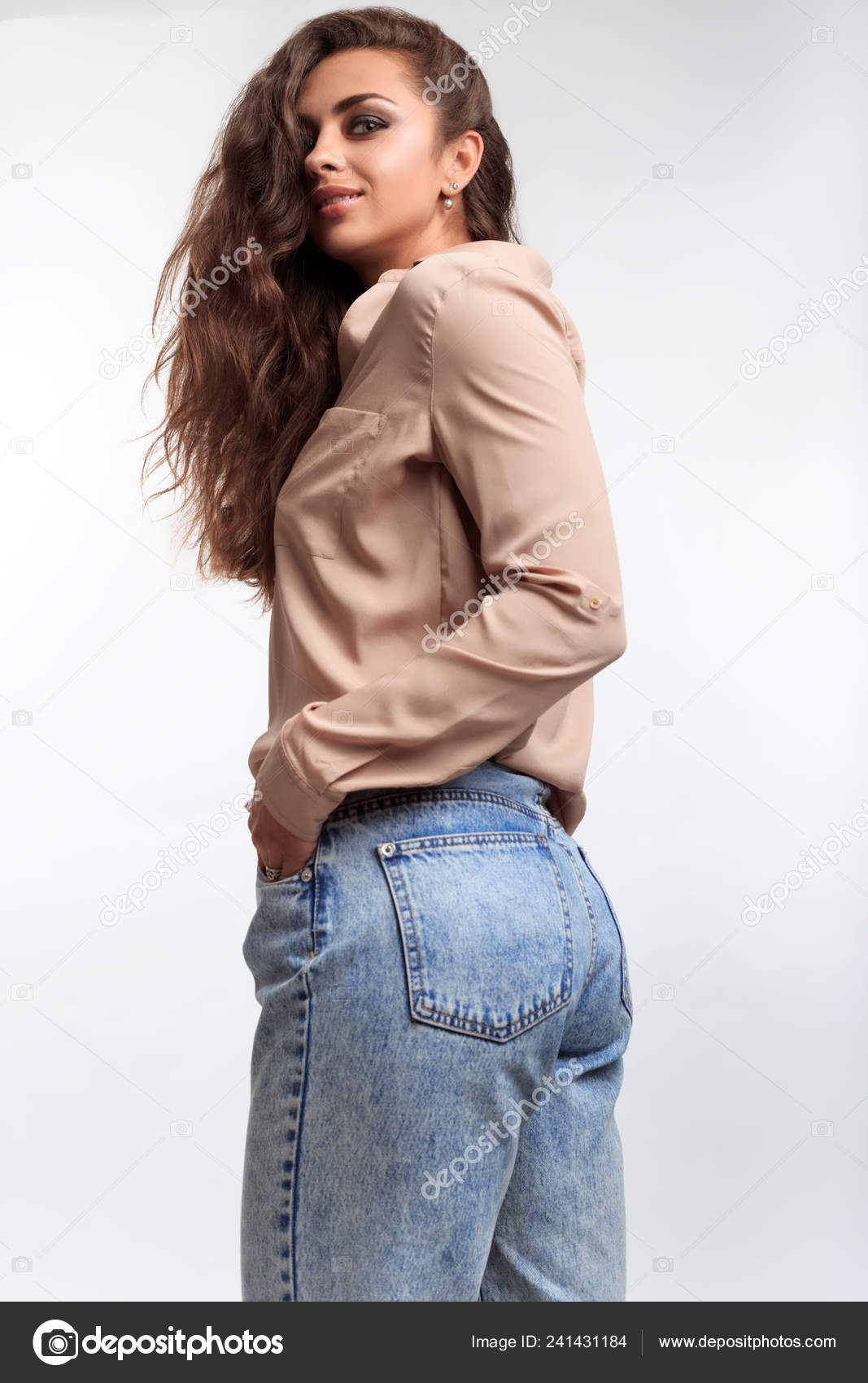 Pretty Nice Butt Woman Posing Camera Studio Isolated Stock Photo ©Daria_Kaliton 241431184