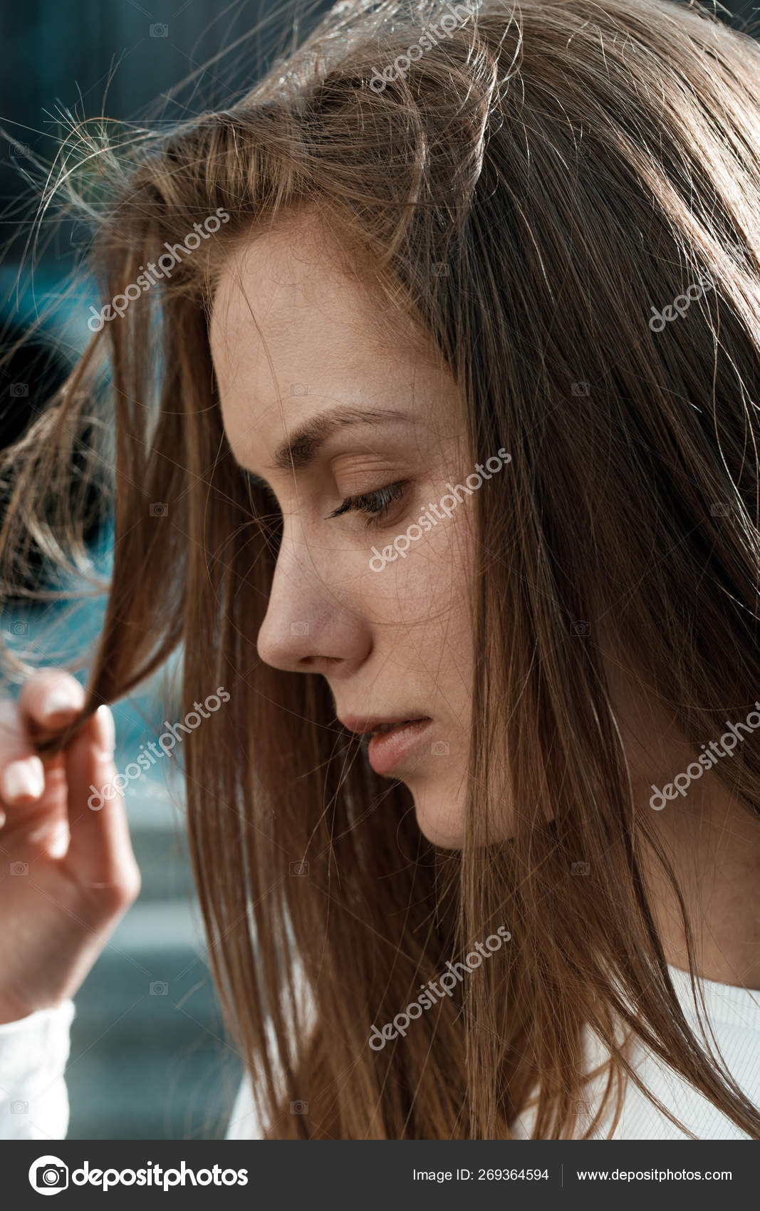 Vertical Portrait Young Woman Blond Hair Blue Eyes Model Posing