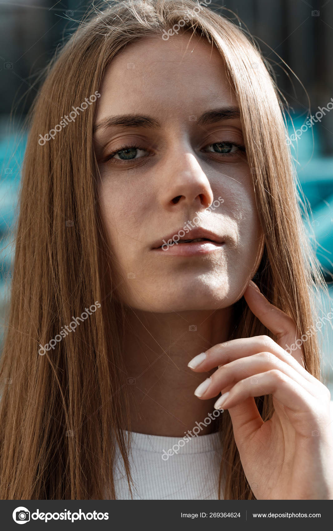 Vertical Portrait Young Woman Blond Hair Blue Eyes Model Posing