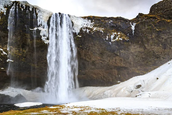 Iceland Landmark Big Seljalandsfoss Waterfalls Winter Setting Snow Ice — Stock Photo, Image