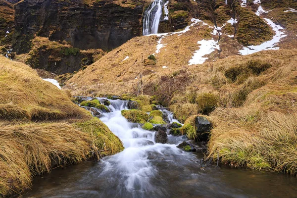 Ijsland Landmark Grote Seljalandsfoss Watervallen Instelling Van Een Winter Met — Stockfoto