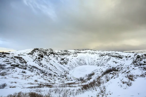 Panoramic View Kerid Volcano Snow Ice Volcanic Crater Lake Winter — Stock Photo, Image