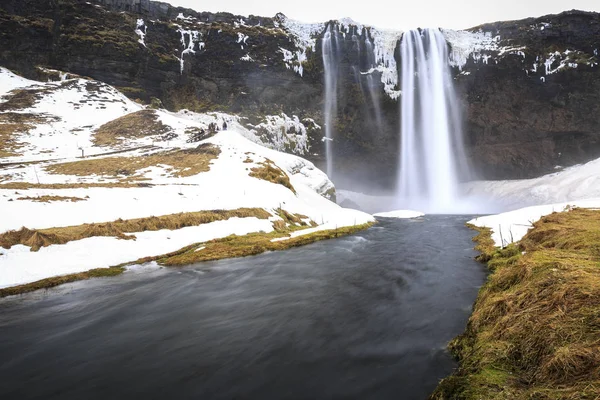 Ісландська Орієнтир Великий Seljalandsfoss Водоспадів Зимовий Обстановці Снігу Льоду — стокове фото