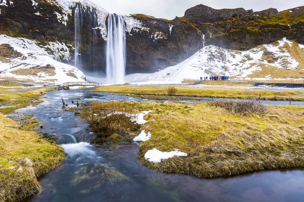 Islandia Hito Las Grandes Cascadas Seljalandsfoss Entorno Invierno Con Nieve —  Fotos de Stock