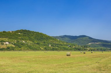 Güzel tarım manzara manzara dağlar, tepeler ve tarım arazileri gün güneşli yaz ile taşra Istria, mavi gökyüzü temizleyin; Hırvatistan