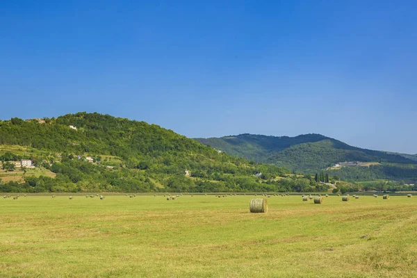 Beautiful agriculture landscape scenery with mountains, hills and farmland on a sunny summer day clear blue sky at the outback of Istria; Croatia