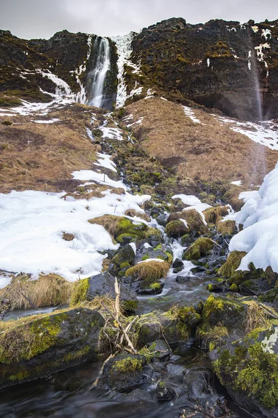 Island Landmark Den Stora Seljalandsfoss Vattenfall Vinter Miljö Med Snö — Stockfoto