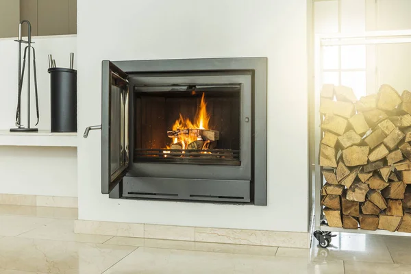 Luxurious modern design fireplace with glass door, white walls o