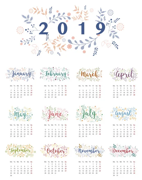 Kalender 2019, Blumendesign — Stockvektor