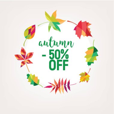 Yapraklardan sonbahar indirimi için parlak bir pankart. Vektör illüstrasyonu.