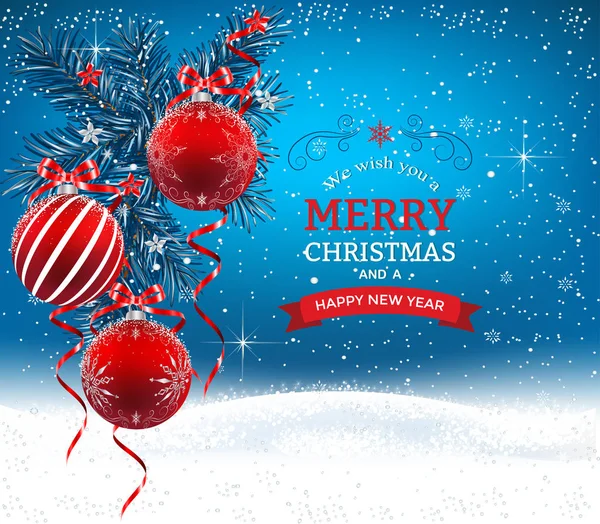 クリスマスの背景にモミ枝枠 装飾的な要素 ボール 星および他の装飾とクリスマスの国境 — ストックベクタ