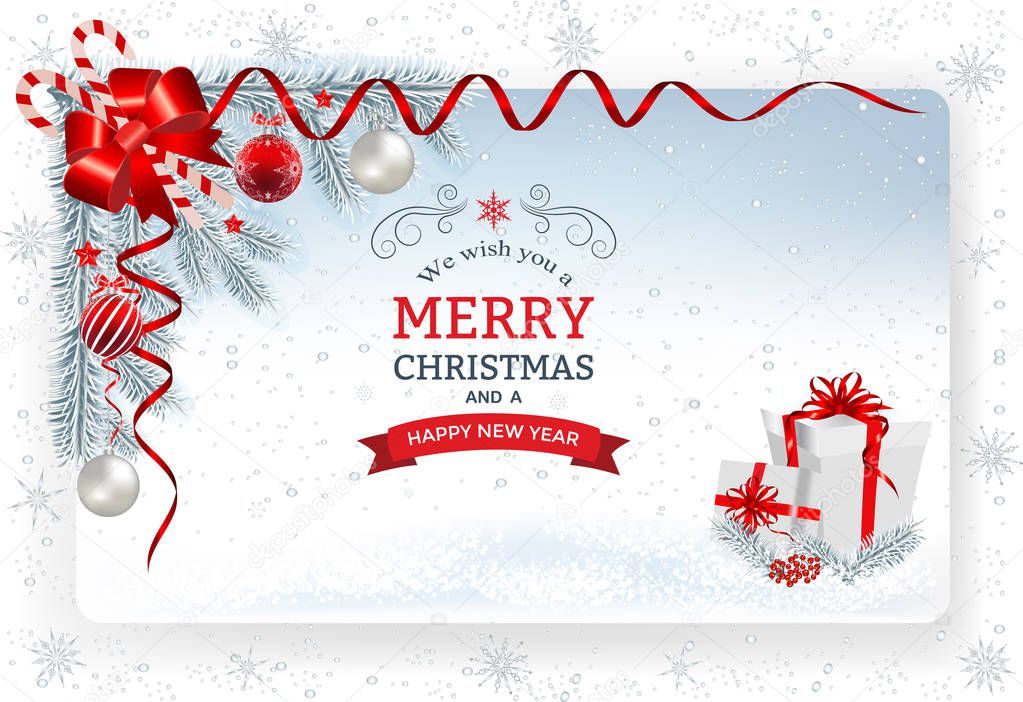 Christmas background with decoration and paper.Decorative Christmas festive background with Christmas balls stars and ribbons.