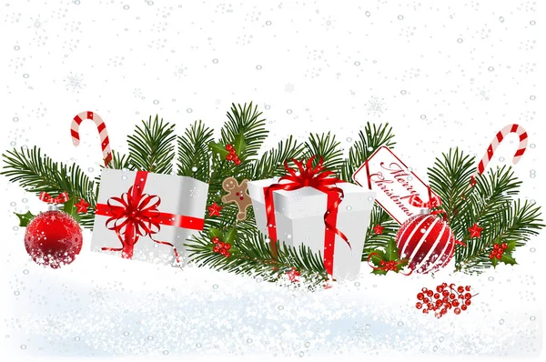 ボール リボン クリスマスの装飾とモミ枝国境とクリスマスの背景 クリスマス装飾クリスマスのお祭りの背景を提示します ロイヤリティフリーのストックイラスト