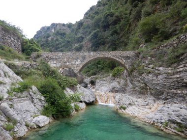 Rio Barbaira deresinin yanındaki Nervia Vadisi 'ndeki taş köprü, Rocchetta Nervina, Liguria - İtalya