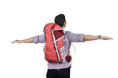 Arkadan Görünüş sırt çantası ayakta beyaz arka plan üzerinde ile Asya seyahat