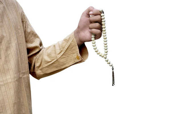 Homem Muçulmano Segurando Contas Oração Isolado Fundo Branco — Fotografia de Stock