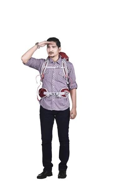 Portrait Asian Tourist Backpack Looking White Background — Stok Foto