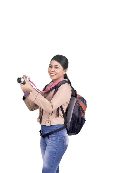 Asian Traveler Camera Backpack Posing White Background — Stock Photo, Image