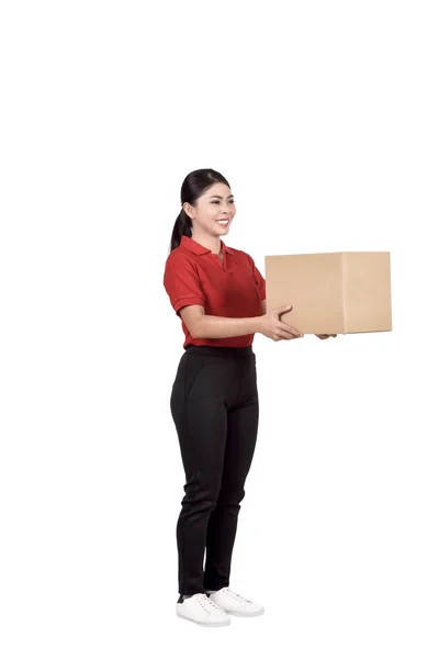 Asiatique Courrier Femme Livraison Paquet Sur Fond Blanc — Photo